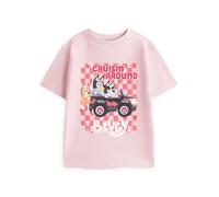 Bluey Girls Pink Short Sleeved Graphic Tee | Cruisin' Around Cartoon Print with Bingo & Muffin | Checkered Vehicle Adventure Top | Kids Character T-Shirt Merch