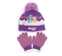 Bluey Girls Winter Hat and Gloves Set - Toddler Beanie with Pom Pom and Matching Knit Gloves - Official and Bingo Cartoon Accessories - One Size, 100% Acrylic