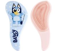 Bluey Kids Detangler Brush, ergonomic design in pastel blue with flexible tines that smooth knots without pulling or discomfort