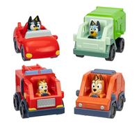 Bluey Mini Racers, 4 of the Most Popular Vehicles in Mini Form. Roll and Race With Garbage Truck, Fire Truck Bingo, Convertible Bandit and Heeler 4WD Chilli, Collect Them All!