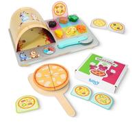 Bluey Pizza Girls Set - 35-Piece Pretend Play Food Set, Wooden Pizza Playset with Oven, Pizza Slices, Box, Cutter, Paddle, Order Cards, and Toppings, Pizza Girls Toy Set