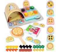 Bluey Pizza Girls Set - 36 Pieces Pretend Play Food Set, Wooden Playset with Oven, Pizza Slices, Box, Cutter, Paddle, Order Cards, and Toppings, Role Play Set for Girls