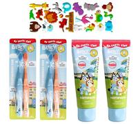 Bluey Toothbrush (Duo) and Toothpaste Set. 4 Bluey Toothbrushes and 2 Bluey Strawberry Flavoured Toothpastes for Ages 3-8. A Hadco Bundle with Our Puffy Sticker Sheet (Stickers Chosen at Random).