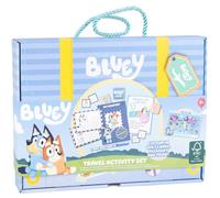 Bluey Travel Activity Set - Contains 1 Travel Carry Case, 3 colour in Postcards, 4 colour in Stamps, 2 colour in Luggage tags, Passport & Boarding Pass, 1 Pen, 2 Sticker Sheets, 3 Wooden Stampers with