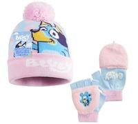 Bluey Winter Hat & Gloves Set for Girls 3-6 Years, 2 or 3 Pcs Warm Cosy Soft Knit Beanie, Gloves & Scarf, Cute Gifts for Kids (Pink 2 Pcs)