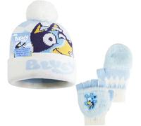 Bluey Winter Hat & Gloves Set for Girls 3-6 Years, 2 or 3 Pcs Warm Cosy Soft Knit Beanie, Gloves & Scarf, Cute Gifts for Kids (Blue/White 2 Pcs)