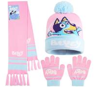 Bluey Winter Hat & Gloves Set for Girls 3-6 Years, 2 or 3 Pcs Warm Cosy Soft Knit Beanie, Gloves & Scarf, Cute Gifts for Kids (Pink/Blue 3 Pcs)