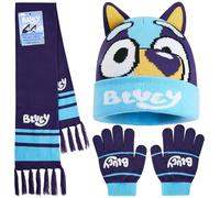 Bluey Winter Hat & Gloves Set for Girls 3-6 Years, 2 or 3 Pcs Warm Cosy Soft Knit Beanie, Gloves & Scarf, Cute Gifts for Kids (Navy 3 Pcs)