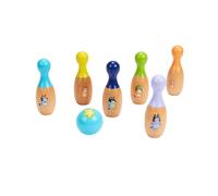 Bluey Wooden Classic Skittles, 7-Piece Colorful Set -FSC Certified Sustainable Wood -Indoor &Outdoor Bowling Game for Kids-Enhances Hand-Eye Coordination-Includes 6 Character Pins & 1 Ball