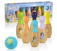 Bluey Wooden Classic Skittles, 7-Piece Colorful Set -FSC Certified Sustainable Wood -Indoor &Outdoor Bowling Game for Kids-Enhances Hand-Eye Coordination-Includes 6 Character Pins & 1 Ball