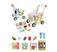 Bluey Wooden Shopping Trolley - 11 Piece Pretend Play Grocery Cart with Scanner & Food Accessories - Real Wood Push Toy for Kids Ages 18+ Months - Role Play Supermarket Toy