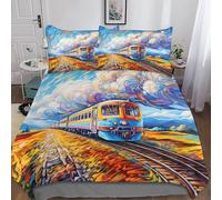 BLUEZY Steam Locomotive Railway 3D Geometric Printed Duvet Cover Set Microfibre Quilt Cover Retro Train Comforter Cover Quality Bedding 3 Pieces Sets with Pillowcase for Boys Girls Double(200x200cm)