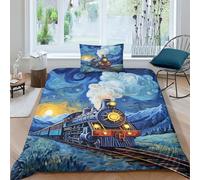 BLUEZY Steam Locomotive Railway Duvet Cover 3D Printed Bedding With Zipper Closure Retro Train Comforter Cover Set Pillowcases 2 Pieces Microfiber Quilt Cover for Teens And Adults Single(135x200cm)
