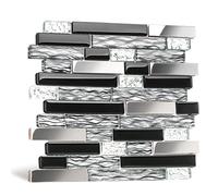 Blujellyfish Glass Metal Tiles Art Mosaic Silk Black Crystal Glass Chrome Silver Steel Accent Wall Border Kitchen Bath Backsplash Tile TSTNB12 (5 Square Feet)