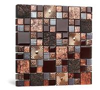 Blujellyfish Red Wine Colors Glass Tile 2'' x 2'' Leaf Carving Imprints Antique Mosaics Textured Rose Gold Metal Kitchen Bathroom Walls Backsplash Tiles (Pack of 5 Square Feet)