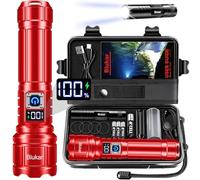 Blukar Torch Rechargeable, Torches LED Super Bright Flashlight, Adjustable Focus, 5 Modes, 5000 mAh Long Lasting, IP67 Waterproof, Smart Digital Display for Camping, Power Cuts, Emergency- Red