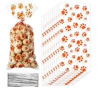 Blulu 100 Pieces Dog Treat Bags Puppy Party Favor Pet Paw Cone Cellophane Bags Candy Heat SealableDog Paw Gift with 100 Pieces Silver Twist Ties for Pet Cat Treat Party Favor(Orange)
