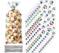Blulu 100 Pieces Dog Treat Bags Puppy Party Favor Pet Paw Cone Cellophane Bags Candy Heat SealableDog Paw Gift with 100 Pieces Silver Twist Ties for Pet Cat Treat Party Favor(Rainbow Color)