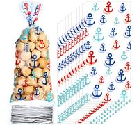 Blulu 100 Pieces Nautical Anchors Cellophane Bags Party Gift Nautical Candy Treat Goodies Bags Heat Sealable with 100 Pieces Gift Twist Ties for Cruise Beach Birthday Baby Shower(Red, Blue, Navy Blue)