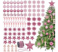 Blulu 101 Pcs Christmas Tree Decoration Ornaments Set Christmas Baubles Candy Shaped Baubles Star Tree Topper Cane Snowflakes Foam Stars Christmas Flowers Beaded Garlands for Xmas Tree (Pink)