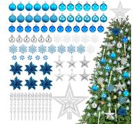 Blulu 103 Pcs Silver Blue Christmas Tree Ornaments Set with LED Decorative Light Christmas Tree Decoration Set Glitter Xmas Baubles Hanging Ornament Assortment for Xmas Holiday Party