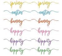 Blulu 12 Piece Wood Cutout Spring Easter Bunny Sign Table Decor Rustic Wooden Word Plate Signs Place Cards for Home Plate Decor (Multi Color, Bright Style)