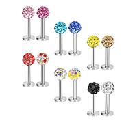 Blulu 12 Pieces 16 Gauge Stainless Steel Nose Studs Labret Bars Helix Lips Body Piercing Crystal Tragus Jewelry, 12 Colors
