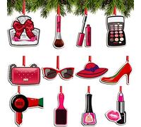 Blulu 12 Pieces Christmas Makeup Ornaments Wooden High Heels and Lipsticks Hair Salon Ornament for Christmas Tree Hanging Decor (Beauty Style)