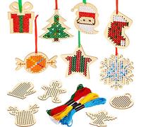 Blulu 12 Pieces Christmas Wooden Decoration Cross-Stitch Kits Wooden Sewing Cross-Stitch, Include Star Snowflake for Arts Wooden Crafts Christmas Ornament, Assorted Patterns (Lovely Style)
