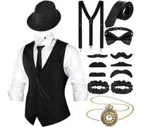 Blulu 1920s Mens Costume 20s Accessories Outfit with Gangster Vest Fedora Hat Vintage Pocket Watch Suspenders (Black, Black Stripe,Medium)