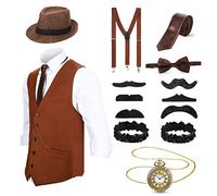 Blulu 1920s Mens Costume 20s Halloween Cosplay Accessories Outfit with Gangster Vest Hat Pocket Watch Suspenders (Large, Brown)