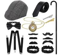 Blulu 1920s Mens Costume Accessories Gatsby Set with Hat, Bow Tie, Pocket Watch, Suspender, Armband Garters, Tie Clips, Crutch (Fresh Style)