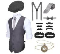 Blulu 1920s Mens Costume Accessories Set 1920s Mens Costume Vest Newsboy Hat Watch Tie(Large,Gray)