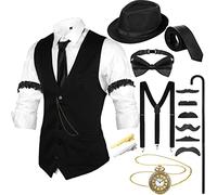 Blulu 1920s Men's Costume Accessories Set, Gangster Vest Hat Suspenders 20s Outfit Clothing for Men 1920s (Black,X-Large)