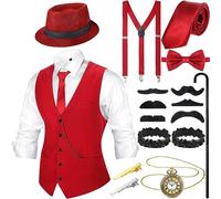 Blulu 1920s Men's Costume Accessories Set, Gangster Vest Hat Suspenders 20s Outfit Clothing for Men 1920s (Wine Red,X-Large)