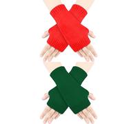 Blulu 2 Pair Fingerless Gloves for Women & Men Thumb Hole Cozy Half Fingerless Driving Gloves Knit Mittens Warm, Red, Green, 14.2 x 8.3 cm/ 5.6 x 3.3 inches