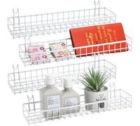 Blulu 4 Pcs 15.75 x 3.94 x 1.97 Inch Metal Grid Wall Baskets with Hooks Grid Wall Shelves Hanging Wire Basket Multi Function Storage Organizer for Kitchen Organizing Display (White)