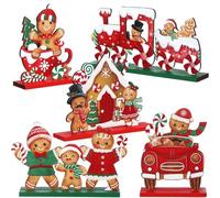 Blulu 5 Pcs Christmas Gingerbread Man Ornament Xmas Wood Gingerbread Man Signs Christmas Tiered Tray Wooden Decorations Gingerbread Candy Table Centerpiece for Home Farmhouse Office Tabletop Decor