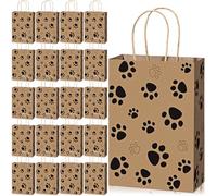 Blulu 50 Pcs Dog Paw Gift Bags Bulk 8.7 x 6.3 x 3.1 Inch Kraft Paper Treat Candy Goodie Party Favor Bag with Handle Paw Pattern Paper Sacks for Pet Dog Birthday Party Decor Retail Grocery(Brown)