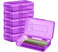 Blulu 6 Pack Plastic Pencil Case Box Clear Pencil Boxes Bulk Hard Crayon Storage Box with Lid Snap Closure Painting Marker Organizer Large Capacity for Office Supplies (Purple)