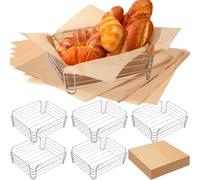 Blulu 6 Pcs Wire Bread Baskets Square Chrome Metal Halloween Christmas Candy Dinner Baskets Storage with 200pcs Deli Wrapper Paper for Kitchen Restaurant Fast Food Burger Fruit Serving Container