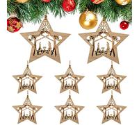 Blulu 8 Pieces Christmas Nativity Scene Ornaments Set Bulk 3D Christian Wooden Hanging Ornament Xmas Tree Nativity Ornaments The Birth of Jesus Story Decor Religious Gift for Family (Star Shaped)