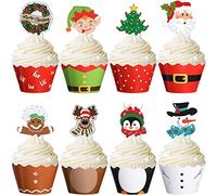 Blulu 96 Pieces Christmas Party Decorations Cupcake Topper Wrappers Santa Claus Snowman Reindeer Elf Penguin Christmas Tree Wreath Gingerbread Hand Cake Party Decorations Supplies