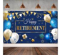 Blulu Retirement Party Decorations, Extra Large Fabric Retire Sign Banner Photo Booth Backdrop Background with Rope for Retirement Party Favor(72.8 x 43.3 Inches,Blue and Gold)