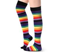 Blulu Women's High Striped Tights Socks over Knee Striped Long Stockings Christmas(Rainbow Black)