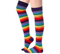 Blulu Women's High Striped Tights Socks over Knee Striped Long Stockings Christmas(Rainbow Purple)
