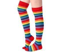 Blulu Women's High Striped Tights Socks over Knee Striped Long Stockings Christmas(Rainbow Red)