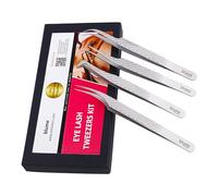 blume Eyelash Extension Tweezers Set of 4 Pieces- Stainless Steel False Eyelash Applicator, Eyelash Extensions Tweezers for Easy Lash Application and Removal-Stainless Stee (BM-48)