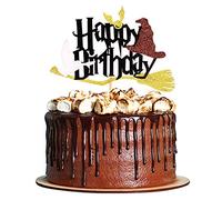 Blumomon 1Pc Glitter Black Magical Wizard Inspired Cake Topper Happy Birthday Cake Topper Pick for Magic Theme Party Supplies …