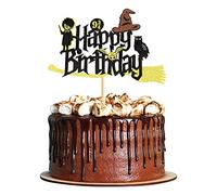 Blumomon 1Pc Glitter Black Magical Wizard Inspired Cake Topper Happy Birthday Cake Topper Pick for Magic Theme Party Supplies